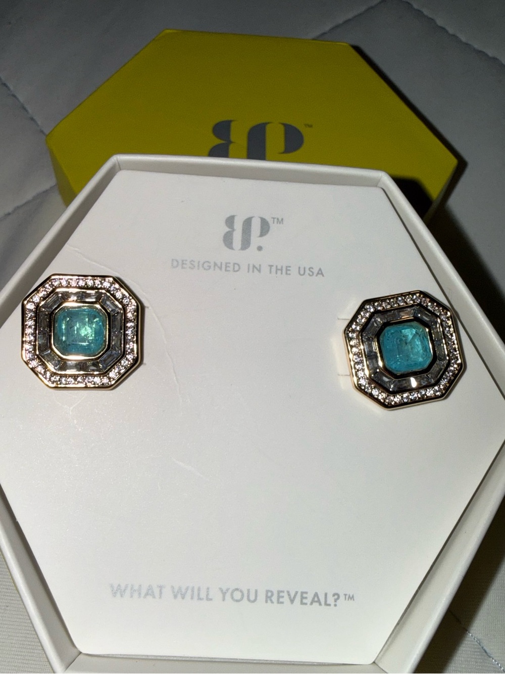 Bomb Party “Above The Noise” Stud Earrings Aqua Blue Quartz Gold Plating ER77855